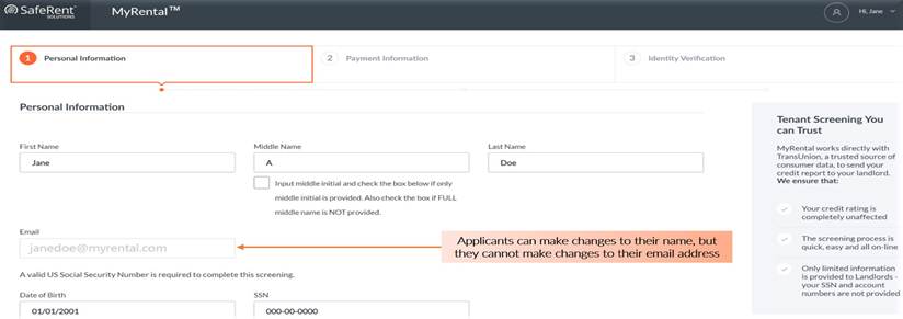 Consumer personal information tab