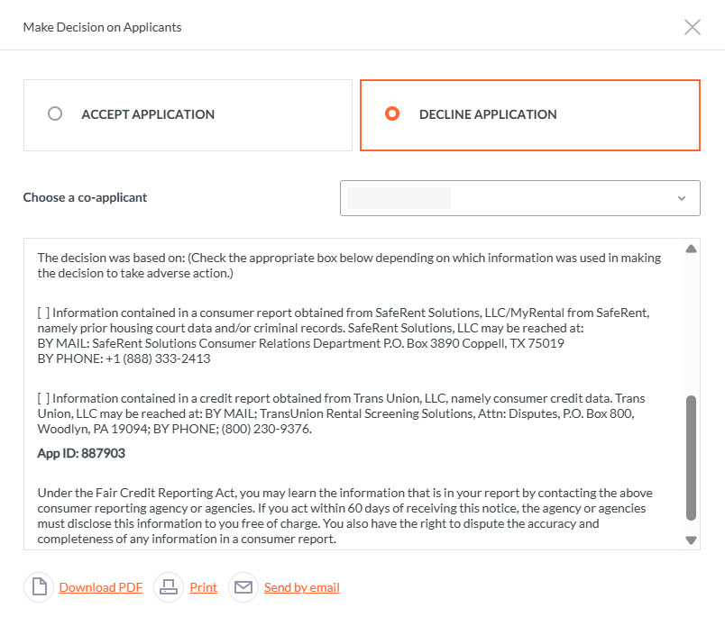 Accept/Decline Application page